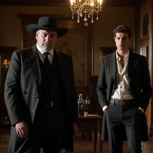 Still image from a classic western movie with two men in a dimly lit room. One man is older in a dark suit with a black hat. The other man is younger, looking stylishly away. Wooden furniture decorates the room with a chandelier above.