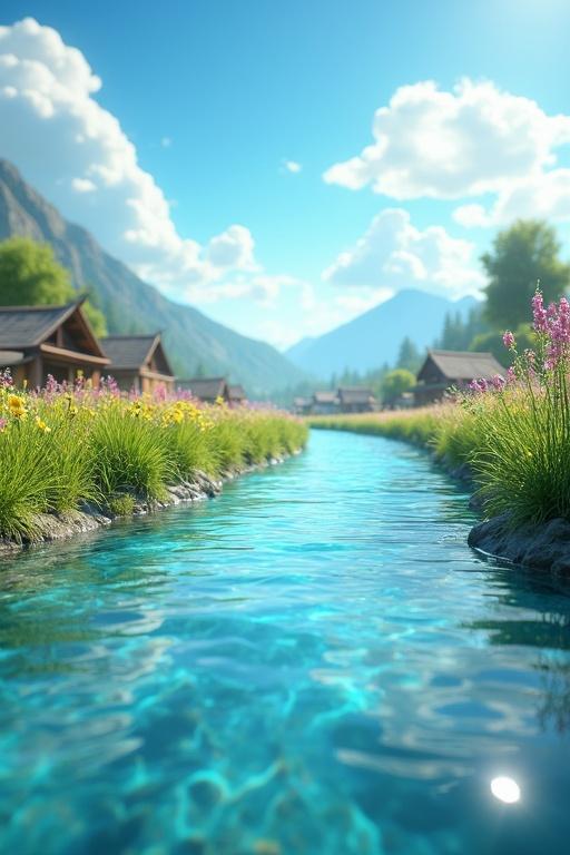 An ultra-HD 4K 3D animated cinematic view focuses on a tranquil shimmering river. River flows gently beside a village. Water is crystal clear reflecting a bright sky. Riverbank lined with green grass and colorful wildflowers. Background features quaint huts and distant mountains. Sunlight casts a golden glow with gentle ripples on the water. Scene feels serene and vibrant with realistic textures.