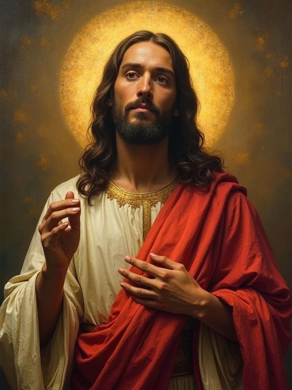 Image of a man resembling Jesus praying with a red robe and a golden halo behind him