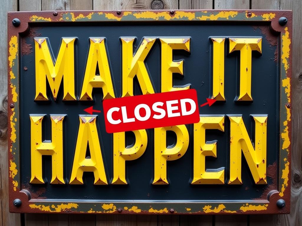 The image features a vintage-style metal sign with the words "MAKE IT HAPPEN" prominently displayed in bold yellow letters. The sign has a rustic look, with a dark background and a weathered gold frame that has hints of rust. To enhance the composition, add the word "CLOSED" in a striking red color at the center of the sign, creating a contrast with the yellow text. The background should remain the same, keeping the focus on the sign. Ensure the red color is vibrant and noticeable.