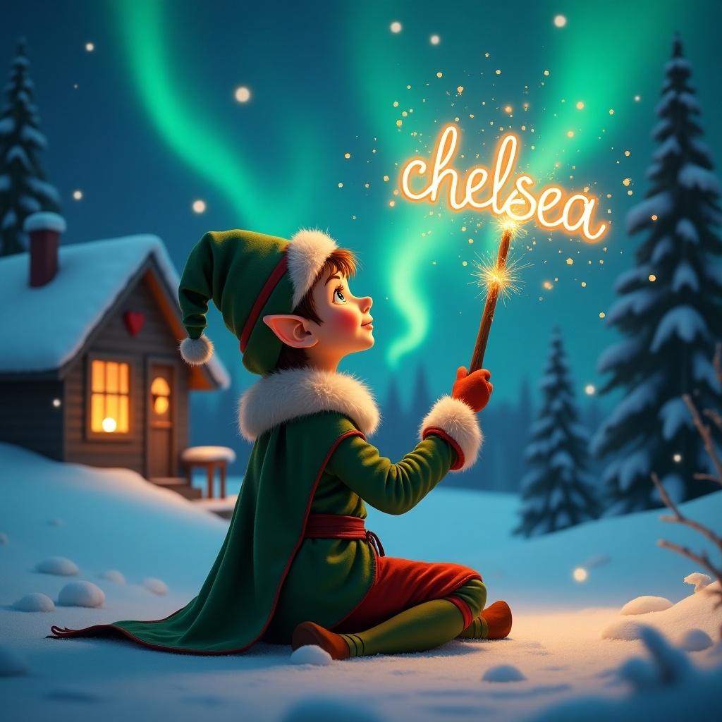 An elf sits with its back toward the viewer holding a glowing wand. The elf gazes upward with a Christmas theme in the background. Colorful northern lights and a cozy house are part of the scene. Snow blankets the ground, enhancing the winter feel. The elf creates magic in the air.