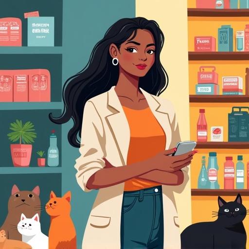 Illustration of a professional woman in a retail setting with products on shelves. She holds a phone while arranging merchandise. The background features cats, symbolizing her love for them.