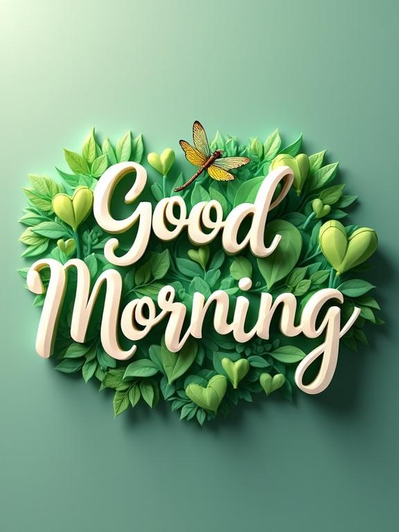 3D typography design saying Good Morning. The letters are green and white blending warm inviting colors. Two mint hearts are next to the text with a yellow dragonfly on M. The background is softly light dark enhancing the artwork's elegance. The small handwritten text above Morning is in gold ink.