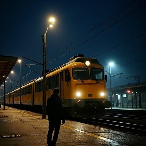 A man standing on a train platform at night. A train is parked nearby under streetlights. The atmosphere is moody with a hint of solitude. The lights cast a warm glow in the dark surroundings.
