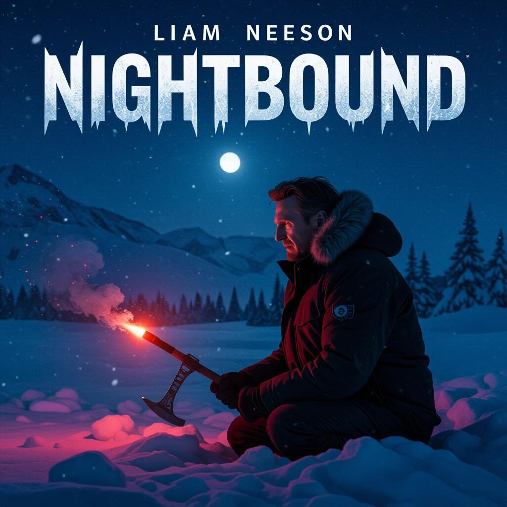 Liam Neeson in Arctic wilderness at night. He is holding a flare and ice axe. Eyes visible in the dark. Snowy landscape surrounds him. Red flares illuminate the night. Blue moonlight adds contrast. The atmosphere is tense and dramatic.