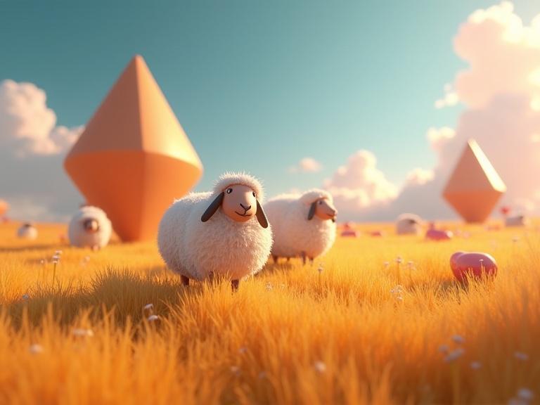 Scene in a bright colored field featuring fluffy sheep and shapes resembling archimedean solids. Fun and whimsical representation of sheep in a vibrant, cartoonish landscape. The background has a radial gradient with various geometric forms. The overall atmosphere is playful and lively.