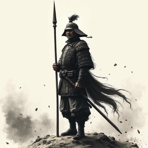 Traditional ink wash illustration of a Sengoku period foot soldier. Soldier stands confidently holding spear vertically with determination. Brush strokes evoke movement. Blurred background suggests a battlefield. Rendered in black and white for historical emphasis.