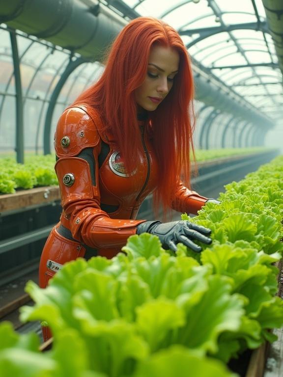 Cultivating lettuce plants in a large futuristic agricultural dome. Thousands of vertical veggie planters with advanced irrigation systems. A female android farm engineer in a special full-body suit cares for the plants. Detailed features with long red hair. The environment is illuminated with volumetric lighting.