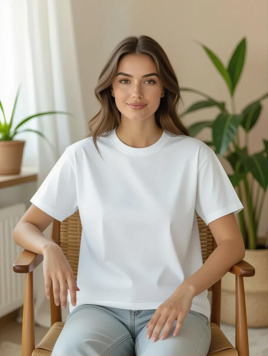 A T-shirt is placed on a mid-century wooden chair. The room has soft lighting and neutral colors. There are indoor plants in the background. The atmosphere is warm and inviting. The T-shirt is plain without any logos or prints. It has a realistic cotton texture.