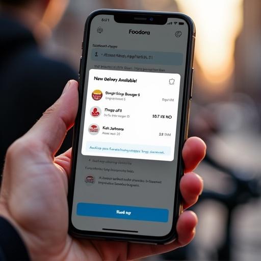 A smartphone screen showing Foodora app with a delivery job notification. Notification includes pickup location, drop-off address, estimated pay, distance, and a time limit. Background shows rider's hand wearing delivery gear holding the phone.