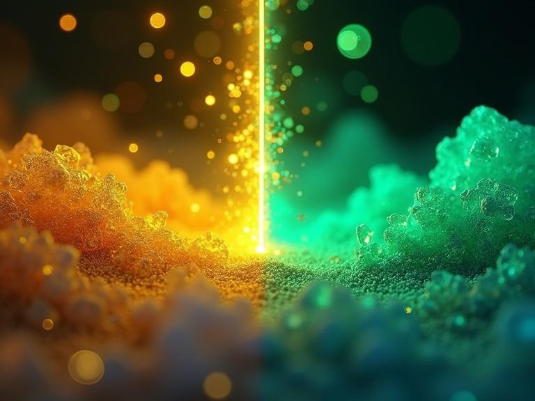 Visually striking scientific illustration showing two different states. Left side yellow-emitting sand-like texture. Right side green-emitting crystalline growth. Horizontal temperature scale marked at 80 degrees dividing both states. Colorful fluorescence illustrating switchable emissions. Central area features amazing effects. Background has soft cloudy texture on left and sharp geometric on right. Clean layout suitable for chemistry journal cover.