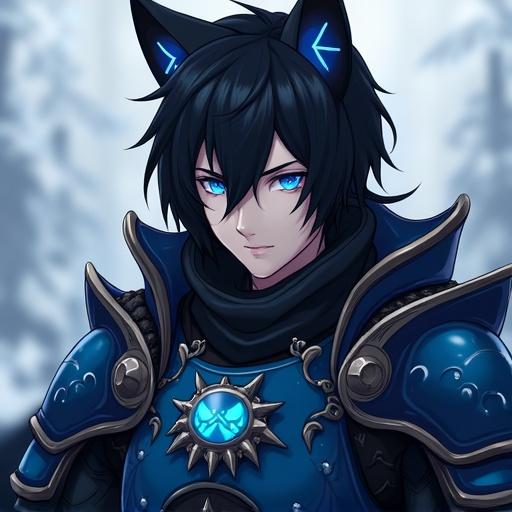 Digital artwork depicting a man in blue and black armor with a kitsune logo. Handsome features visible. The character has black hair and blue eyes. The armor is intricate and detailed. The background shows a fantasy landscape.