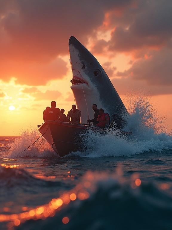 Dramatic scene at sea during sunset. Fishing boat with shocked fishermen. Giant shark dorsal fin chasing the boat. Ocean slightly rough with splashes. Intense orange and purple sky. Highly detailed and realistic.