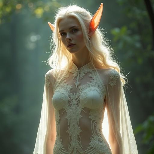 Beautiful elf woman with unique features in a mystical forest setting. She wears ethereal clothing that appears invisible, and has pointed ears.