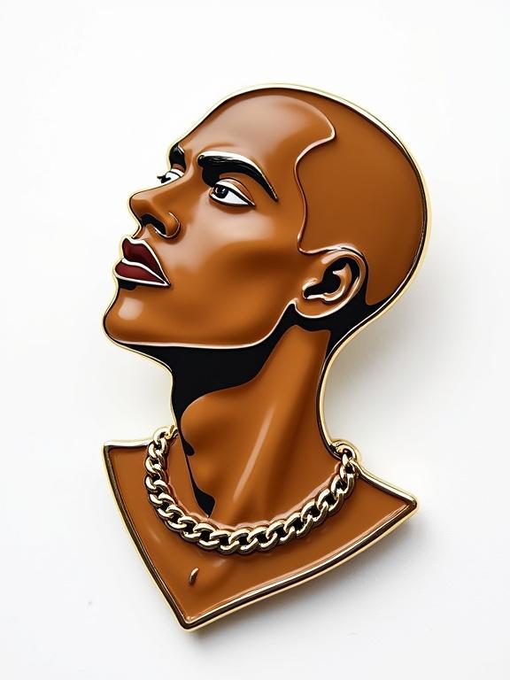 Create an image showcasing an enamel pin of a male figure. The figure is bald with sharp features, looking up and to the right. Use warm brown tones for skin, with highlights and a black outline. Include a gold chain around the neck. The pin has a gold border and a white background to highlight details.