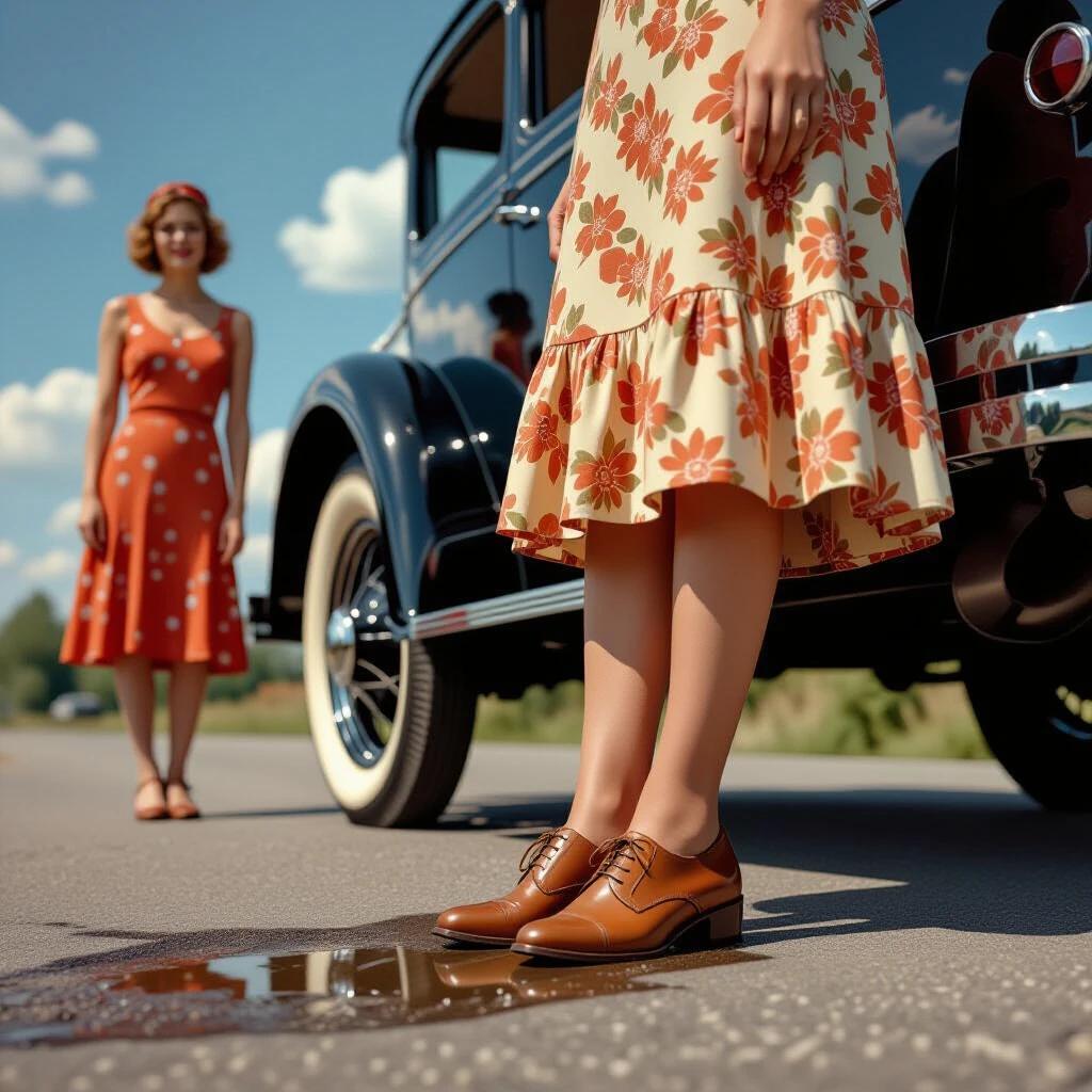 A roadside scene from 1928 depicts a car breakdown featuring a Ford Model A. The focus is on the legs of a woman visible from under the car where she is positioned. Her knees are bent outwards and her vintage leather shoes press against the ground. Nearby, another woman in a flapper dress stands by the car, hands on her hips, looking at the legs under the car. The setting includes an oil stain near the left shoe, a car jack, autumn leaves, and a vintage suitcase. The photo emulates 1928 press photography with a grainy black and white aesthetic.