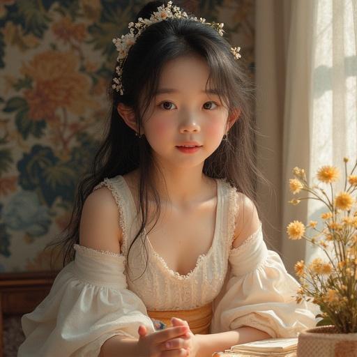 A Chinese girl dressed in fashionable attire with attention to textures and details. The setting features a floral arrangement that complements her style. Natural lighting creates warmth and softness in the scene.