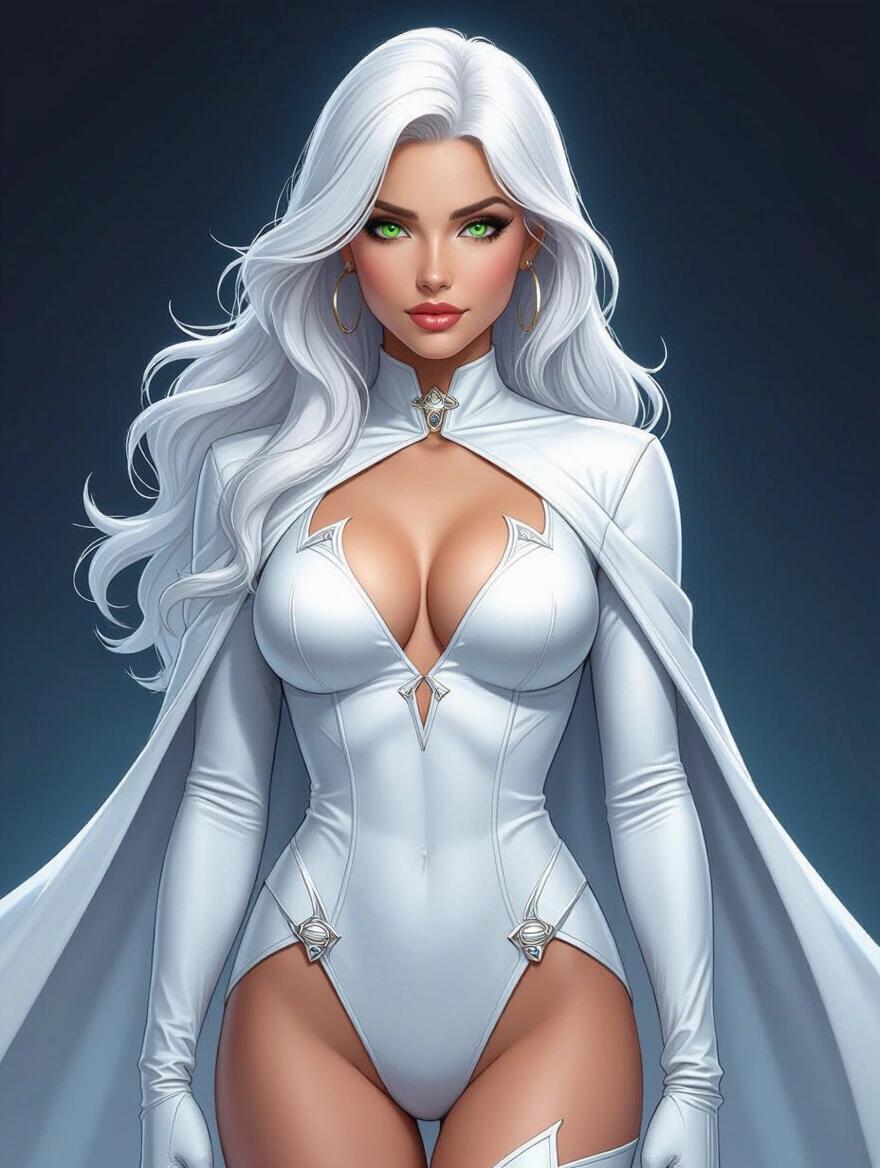 Full body view of a woman in a stunning superhero costume. Costume is white with intricate detailing. Female character poses confidently showcasing strength and athleticism. Long flowing white hair adds to the allure. Character has captivating green eyes, long eyelashes, and red lips. Enchanting atmosphere highlighted by careful lighting. Realistic portrayal of a powerful female figure accentuates curves and physique.