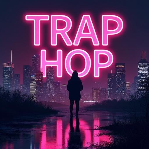 Dark neon rgb city silhouette on a Hip Hop Album Cover with text Trap Hop