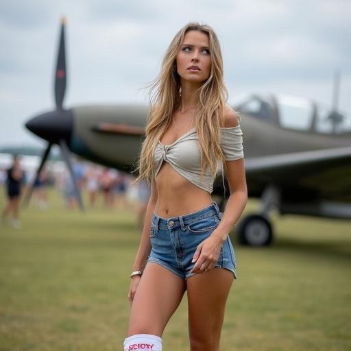 A Russian supermodel admires WWII aircraft at the Farnborough Air Show. She has a slim waist, toned abs, blonde hair, and wears an off-shoulder top, shorts, and knee-hi socks. Her expression is one of amazement. Show from head to feet.