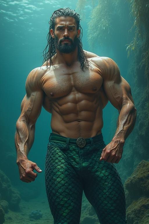 Imagen de un hombre musculoso posando bajo el agua en un entorno acuático. El hombre tiene cabello largo y una expresión seria, destacando su físico tonificado y fuerte.