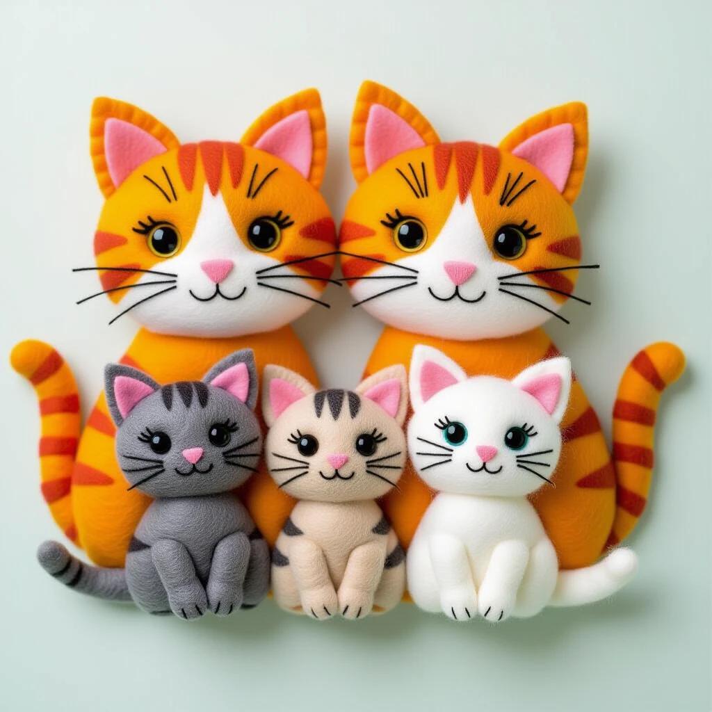 A family of colorful felt cats made of layered felt sheets. Features an orange tabby parent with gray and white kittens. Each cat has embroidered facial features and button eyes. Soft pastel background highlights cute design. Textured details showcase handmade craft style.