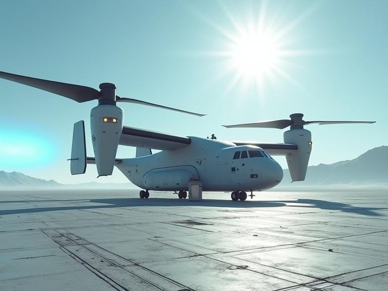 Futuristic design features a sleek bevel osprey drop ship. Set in a sunny desert under a blue sky. Captures strong sunlight in the background. Long blue anamorphic lens flare stretches across the front. Silver metal container crates and grate floors add detail. Focuses on realistic textures and reflections in 4k resolution.