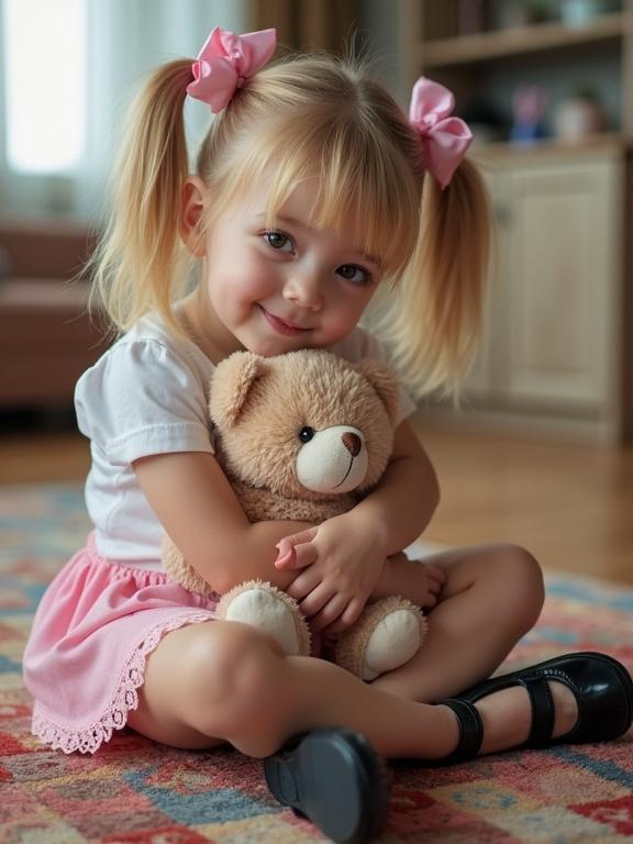 Amateur photo of a beautiful girl with long blonde hair in twin pigtails wearing pink bows. She has on a snug white top and a pink mini skirt with lace trim. Wearing black Mary Jane shoes, she sits on a colorful rug in a cozy living room, hugging a teddy bear and looking at the camera with a shy expression.