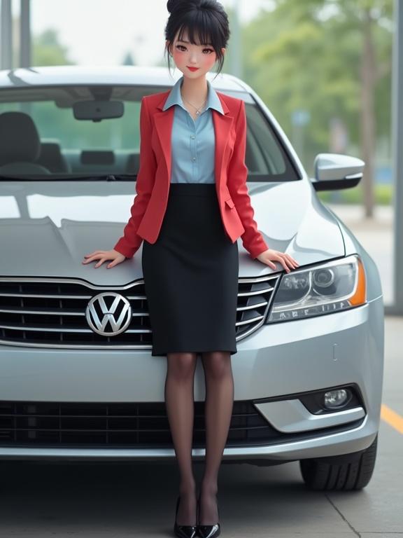 Full-body image of a car saleswoman in front of a silver sedan. She wears sheer black pantyhose and black closed-toe heels. A light-blue blouse is tucked into a black straight skirt. A rose-red blazer is on her shoulders. Simple makeup with red lips and a smile. Black hair styled in a bun. She leans against the car hood with her hands on it.