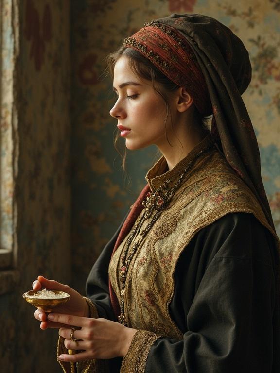 A young woman in historical clothing stands by a window. She holds a small bowl delicately. Her attire is richly detailed with a long shawl. The background has floral wallpaper.