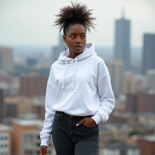 African American woman with messy updo hair. Wears a white hoodie and black jeans. Wears white Jordans. Cityscape in background.