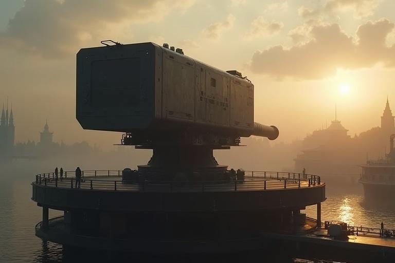 A massive 100 ft black metal cannon set on a rotating platform on an island. City skyline across the river is visible. Small figures stand along guard rails on the platform. Sunset enhances the scene with fog and clouds in the background.