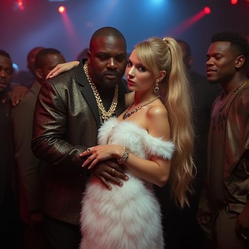 Nightclub scene featuring a couple. Man in black outfit; woman with long blonde twintails, blue eyes, stylish costume, high heels. Man holds woman closely, both looking at the viewer. Club atmosphere with crowd.