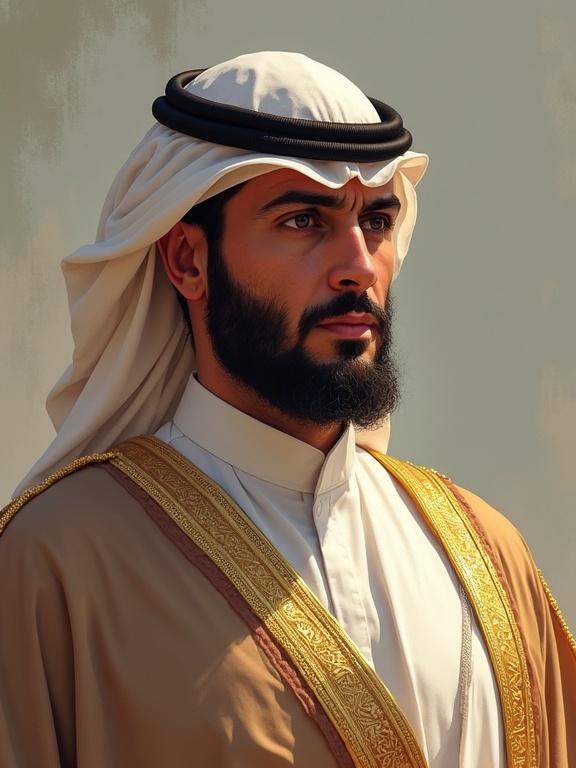 Illustration of an Arab man around 40 years old. He is looking straight at the viewer. The attire is traditional with intricate designs. Facial expression is serious and composed.