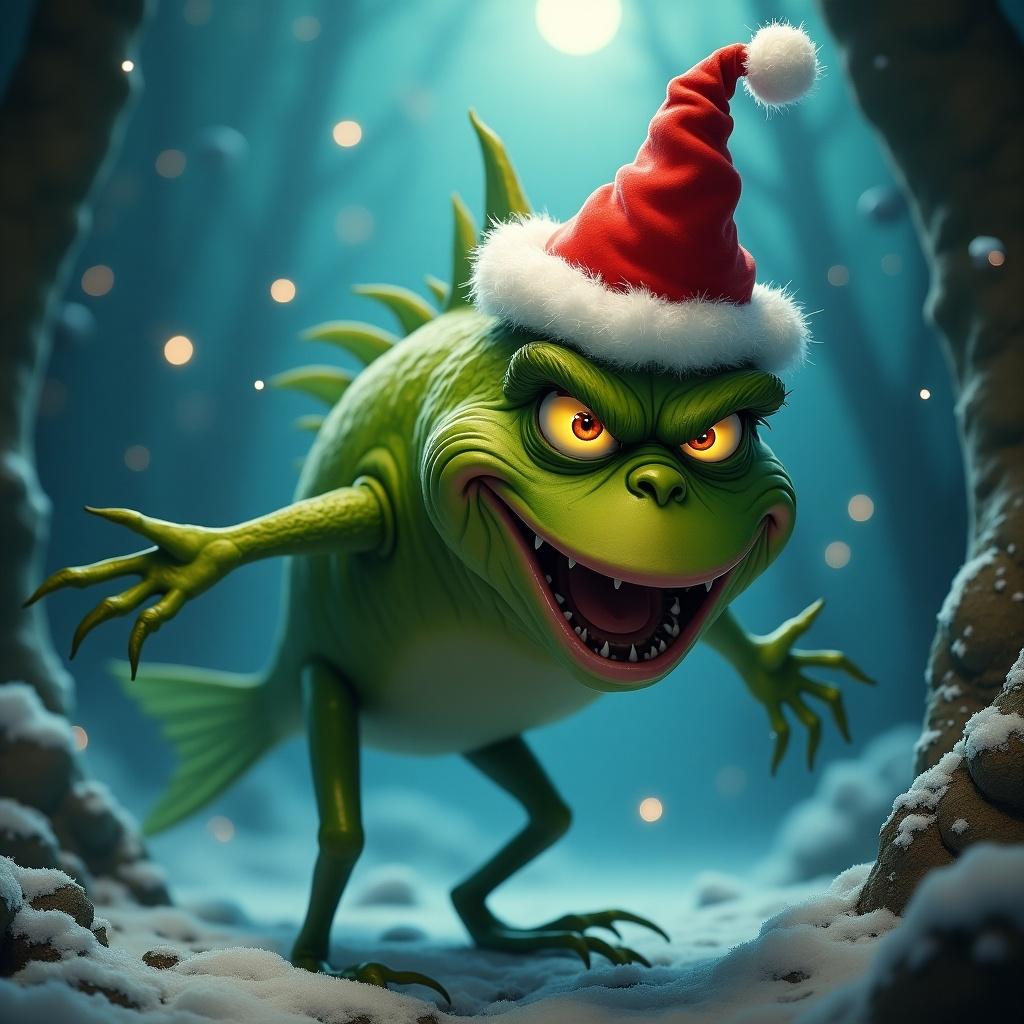 An evil fish wearing a red Santa hat is depicted in a snowy forest ambiance. The fish is grinning mischievously with sharp features. It appears to be conceptually chasing or stalking a character similar to the Grinch. The atmosphere is infused with a magical holiday spirit. The scene is filled with snow and illuminated with cool lighting.