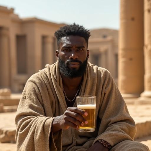 A black man sits wearing a torn robe. He holds a glass of beer. Background features ruins of an Egyptian palace. Natural setting with warm tones.