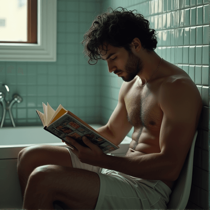 A shirtless man with curly hair and a contemplative expression reads a book while seated on a bath's edge, surrounded by soothing green tiles in a dimly lit bathroom.