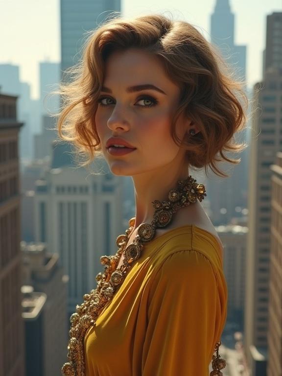 1920s style portrait of a woman standing in a cityscape, wearing a golden dress and ornate jewelry