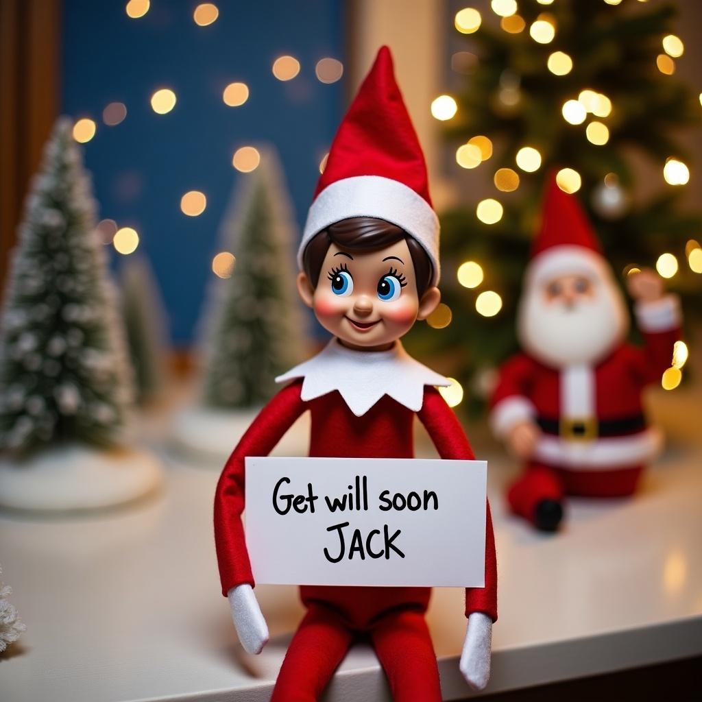 Elf on the Shelf character holds sign with message for well wishes. Dressed in red and white outfit. Background features northern lights and snow-covered trees. Includes Santa figure creating holiday atmosphere.