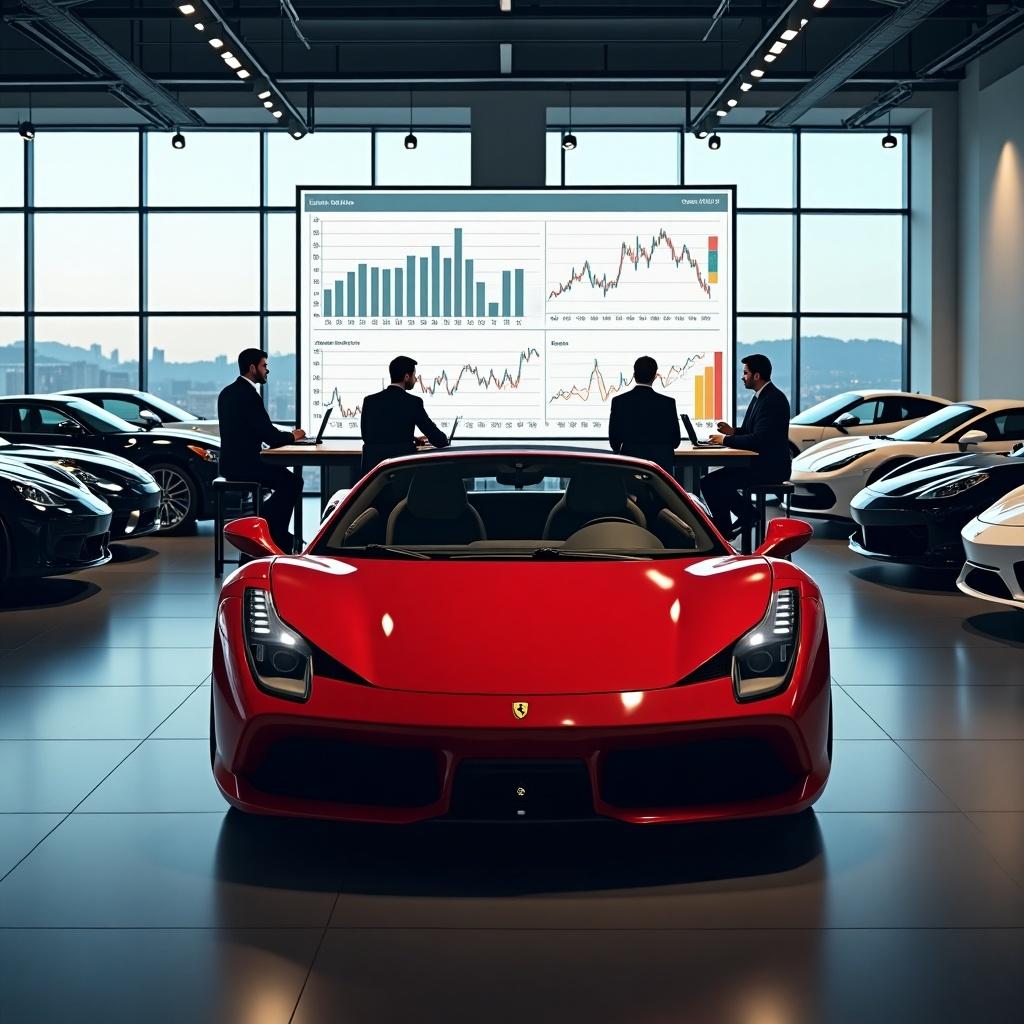 People focus on charts and graphs in a luxurious car showroom. The image features a red sports car prominently in front. Various high-end sports cars surround it. Spacious interior has large glass windows providing ample natural light. The design of cars showcases beauty and class, appealing to enthusiasts and buyers.