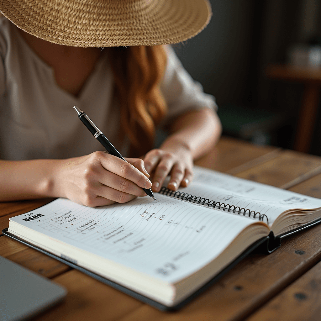 A person with a straw hat writes in a planner on a wooden table.