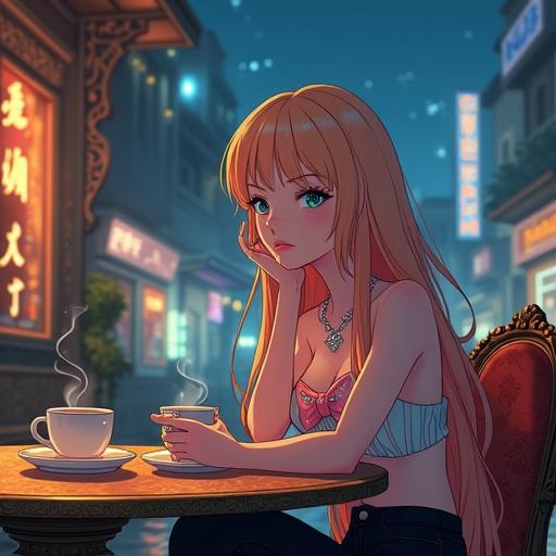 Anime illustration of a beautiful adult trans woman seated at a coffee table. She has long straight strawberry blonde hair, pale blue eyes, and an elegant appearance. Wearing a shoulder-less crop top and fitted black jeans. Environmental features include mystical city architecture combining Yemeni and neo-Tokyo elements, with neon lights and traditional designs. The scene is filled with ambient lighting and warm highlights from mosaic lamps.