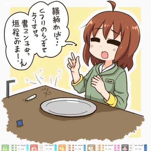 An animated character in a casual setting. Character has brown hair and is wearing a light cardigan. Hands are gesturing towards a plate on the table. There are some objects on the table. The background is simple and colorful.