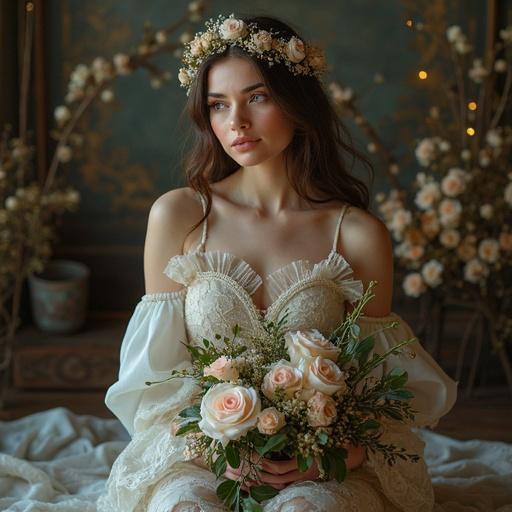 Bride in a soft floral arrangement with a bouquet of pastel roses. Setting has warm lighting and romantic background. Bride wears a floral crown and a delicate wedding gown.