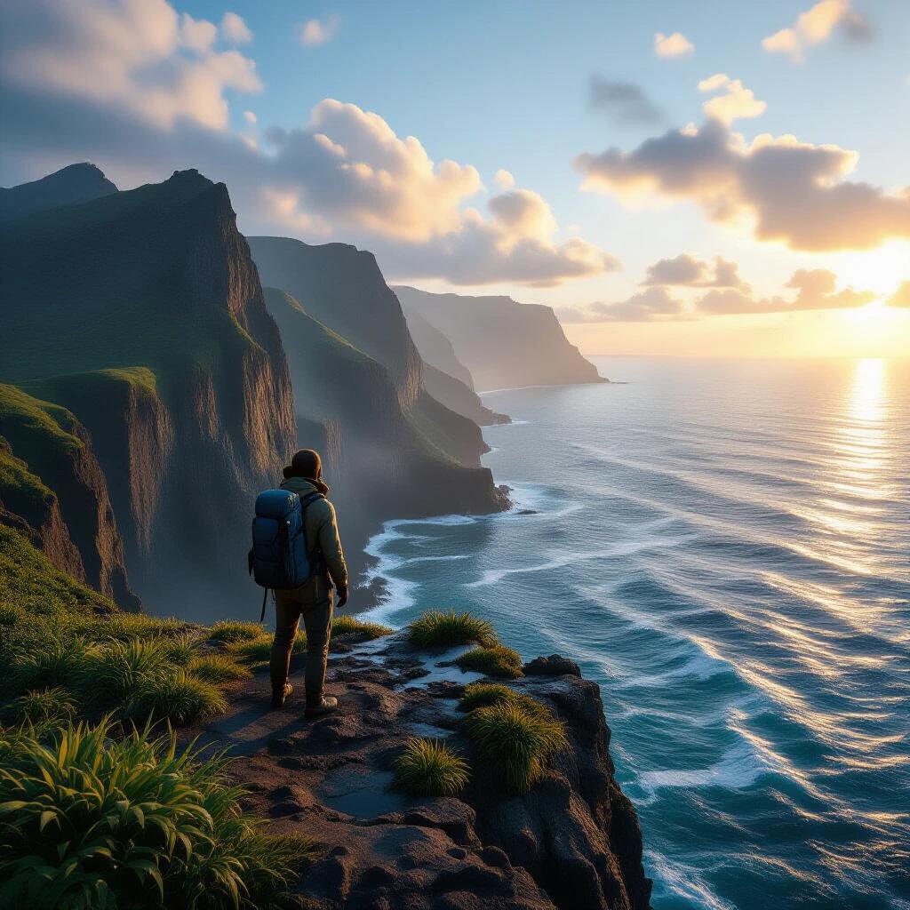 A lone explorer stands at the cliff's edge. The vast ocean stretches below. Soft clouds drift in the sky. Sunlight casts a golden hue over the scene. Rich details in the landscape convey an adventurous spirit. Exploration and tranquility are evident.