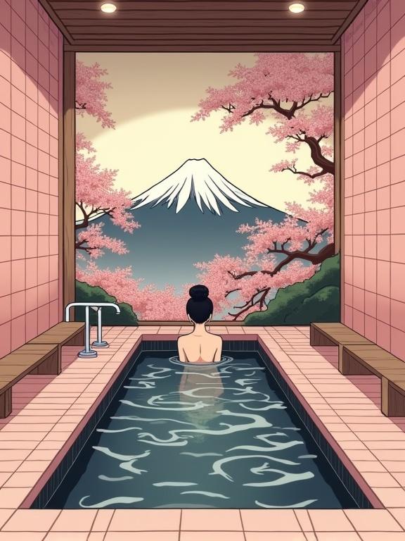 Masterpiece woodblock illustration of traditional Japanese sento bathhouse interior. Pastel-pink tiles crisp grout lines. Wooden stools chrome faucets. Narrow black-tiled soaking tub with Japanese woman. Facing away with hair in bun slender shoulders visible. Hokusai-inspired mural Mount Fuji sakura branches on back wall. Flat cel shading minimal gradients varied hand-drawn ink outlines crisp line weight. Subtle paper grain texture halftone shading shadows soft diffuse daylight gentle shadows.