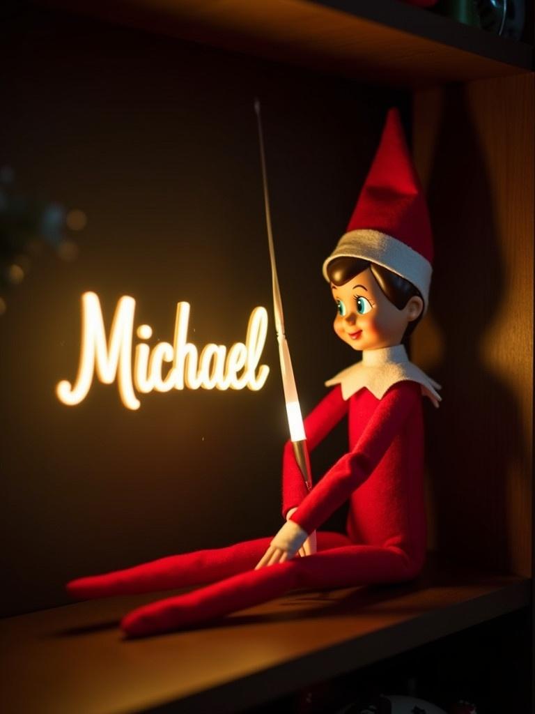 Image features an elf on the shelf character in red and white. Elf holds a glow stick illuminating the name 'Michael' in a cheerful font. Dark background emphasizes the glow, creating a festive vibe. Scene captures the holiday spirit and evokes feelings of joy and magic.