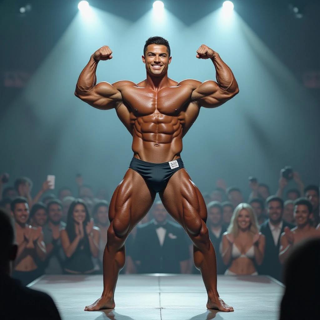 Old school bodybuilder on competition stage. Extremely muscular and shredded physique. Tanned skin wearing posing trunks. Doing a front double biceps pose. Bright stage lights create dramatic atmosphere. Vintage 90s bodybuilding competition. Crowd cheering in the background. Realistic artistic style.