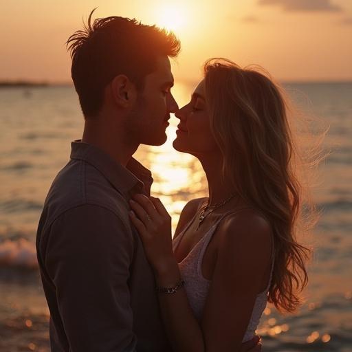 Couple embracing on a beach during sunset. Natural pose conveys love. Soft lighting enhances intimacy. Warm colors evoke feelings of romance.