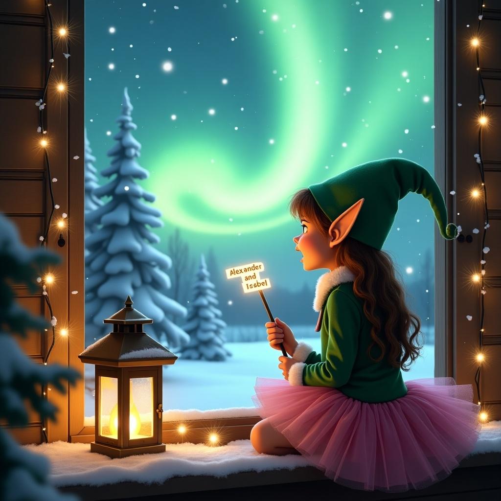 Image of an elf gazing at northern lights from a window. Winter setting with snowy landscape outside. Elf in green costume with pointed ears. Lantern beside her creating a warm glow. Magical atmosphere evokes Christmas joy.